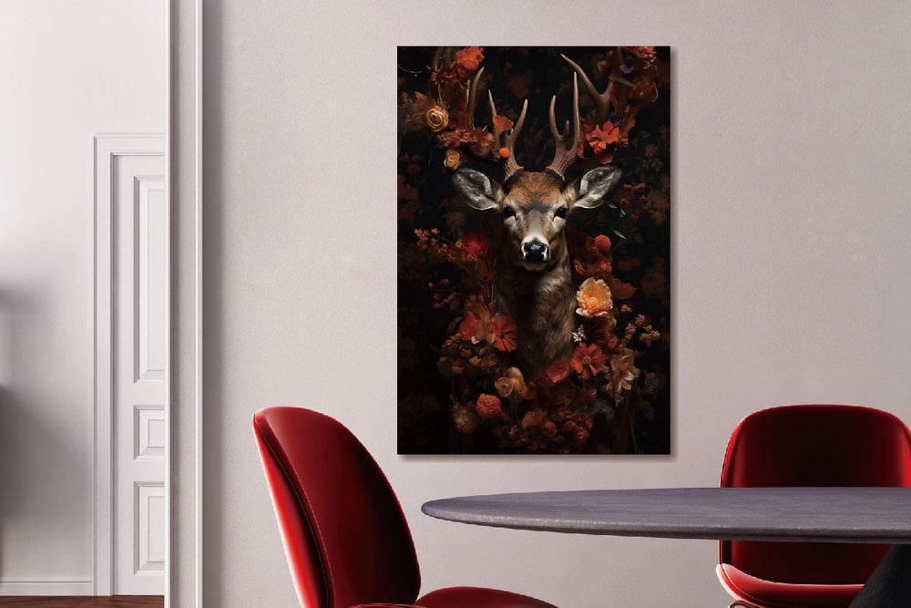 Glasschilderij Hert oranje bloemen zwarte achtergrond 80x120 cm