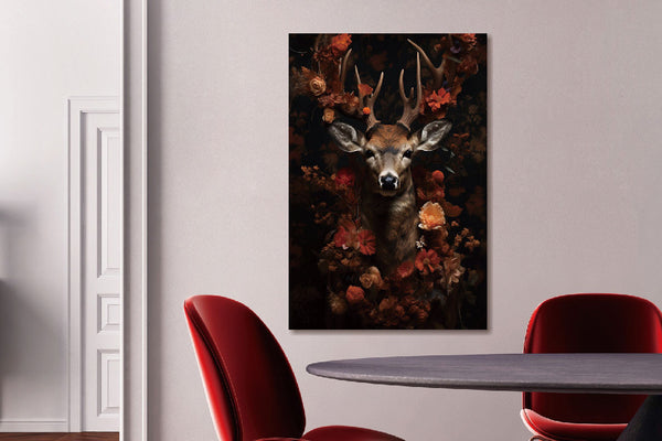 Glasschilderij Hert oranje bloemen zwarte achtergrond 80x120 cm