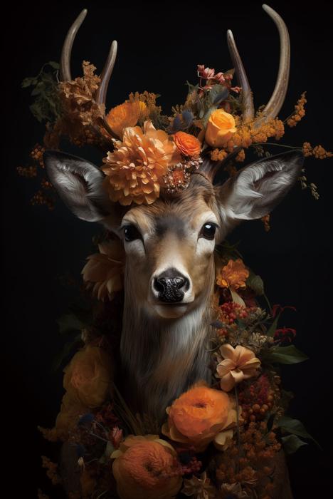 Glasschilderij Hert oranje bloemen zwarte achtergrond 80x120 cm