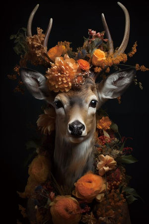 Glasschilderij Hert oranje bloemen zwarte achtergrond 80x120 cm