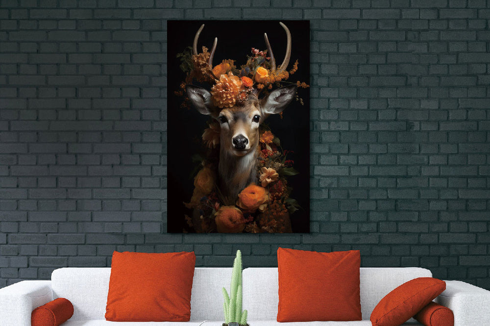 Glasschilderij Hert oranje bloemen zwarte achtergrond 80x120 cm