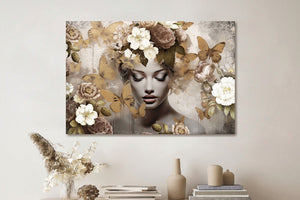 Glasschilderij Vrouw met gouden vlinders 120x80 cm