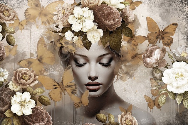 Glasschilderij Vrouw met gouden vlinders 120x80 cm