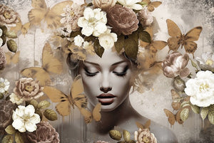 Glasschilderij Vrouw met gouden vlinders 120x80 cm