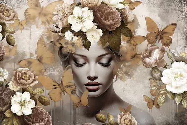 Glasschilderij Vrouw met gouden vlinders 120x80 cm
