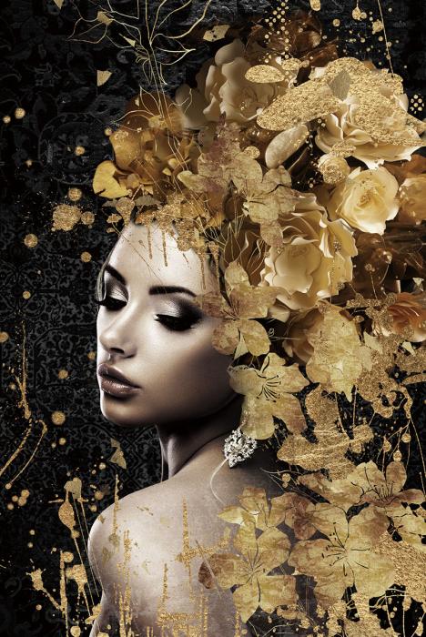 Glasschilderij vrouw gouden bloemen zwarte tinten 80x120 cm