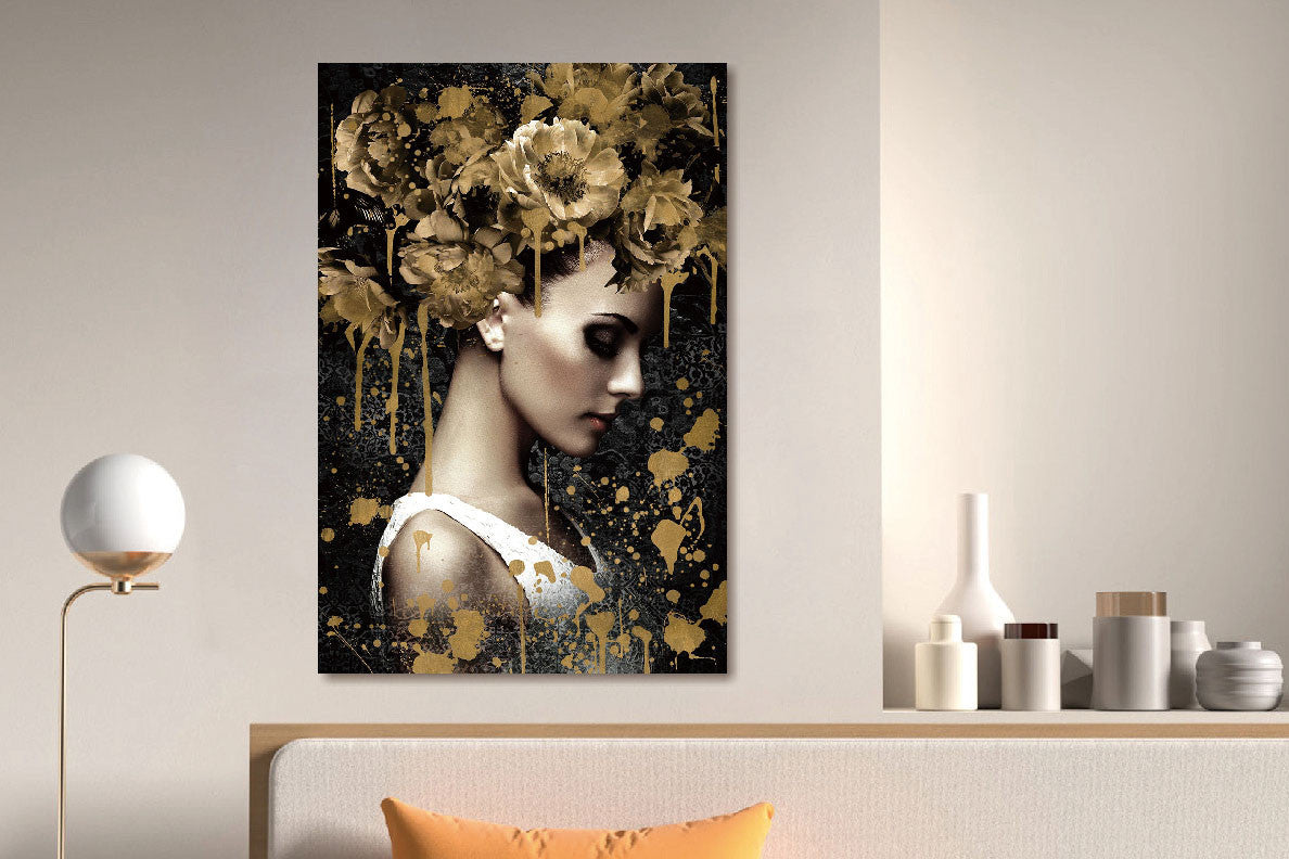 Glasschilderij vrouw gouden bloemen 80x120 cm