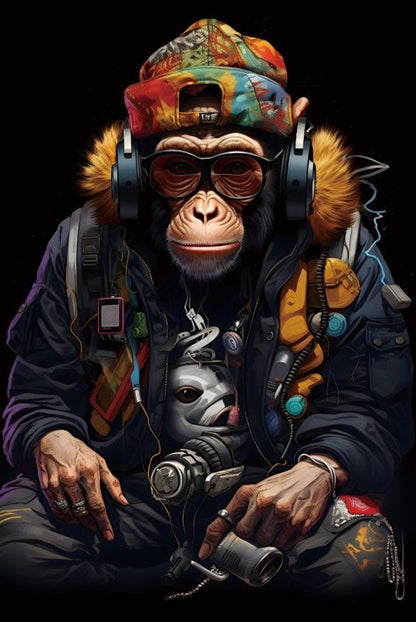 Glasschilderij gangster Aap met koptelefoon 80x120 cm