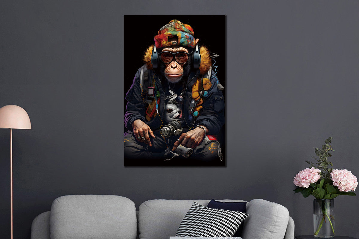 Glasschilderij gangster Aap met koptelefoon 80x120 cm