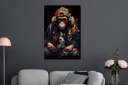 Glasschilderij gangster Aap met koptelefoon 80x120 cm