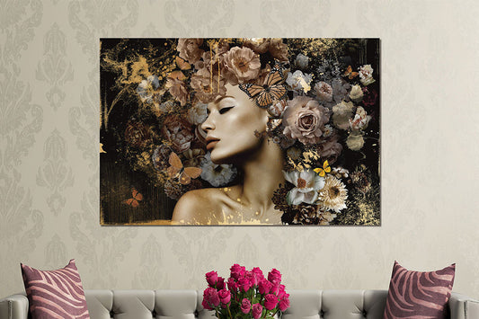 Glasschilderij vrouw omringd door bloemen en vlinders 120x80 cm (Magazijn sale)