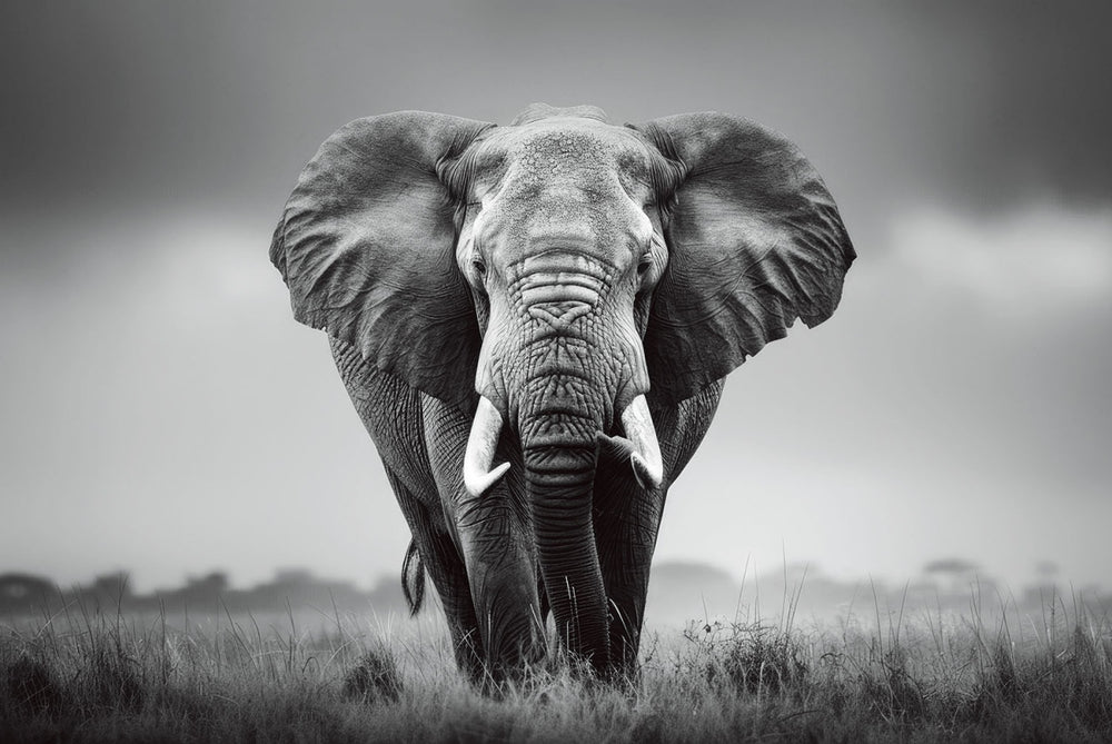 Glasschilderij Olifant close-up zwart wit 120x80 cm