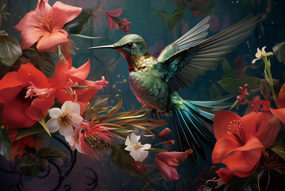 Glasschilderij Kolibrie vogel gekleurde bloemen roze - 120x80 cm