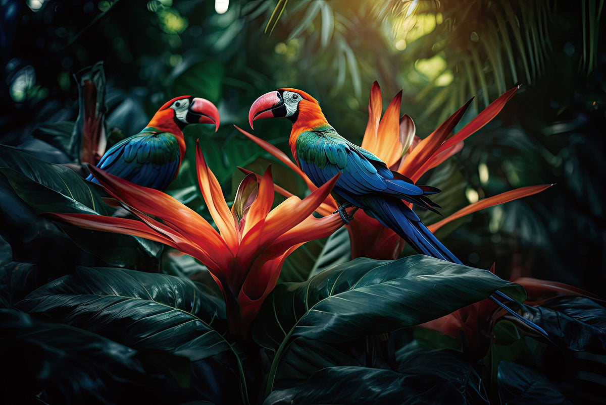 Glasschilderij Papegaaien gekleurd in de jungle  - 120x80 cm