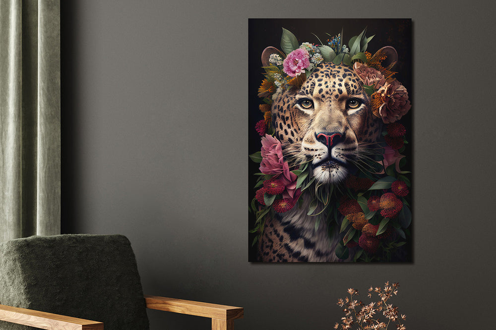 Glasschilderij panter met bloemen 80x120 cm