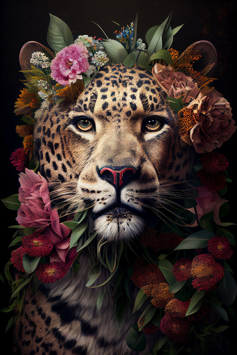 Glasschilderij panter met bloemen 80x120 cm