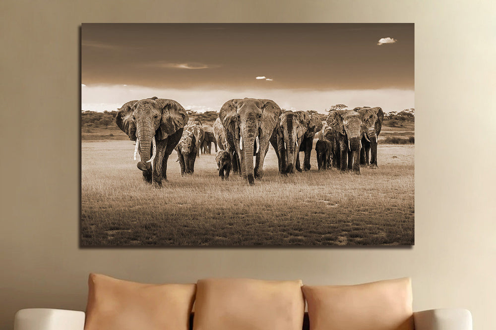 Glasschilderij Olifanten kudde savanne 120x80 cm