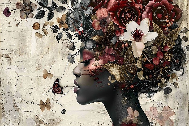 Glasschilderij gekleurde vrouw / bloemen en vlinders 120x80 cm