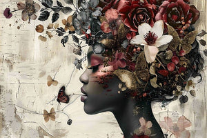 Glasschilderij gekleurde vrouw / bloemen en vlinders 120x80 cm