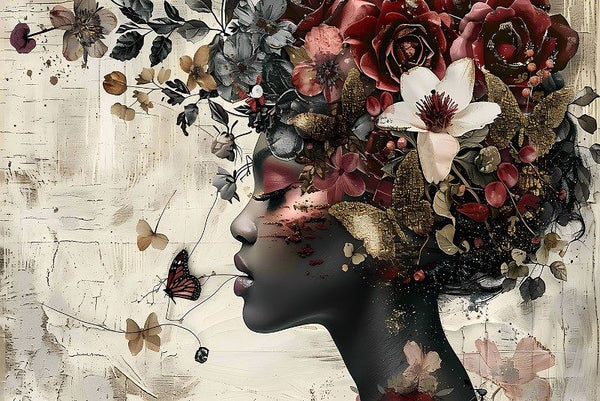 Glasschilderij gekleurde vrouw / bloemen en vlinders 120x80 cm