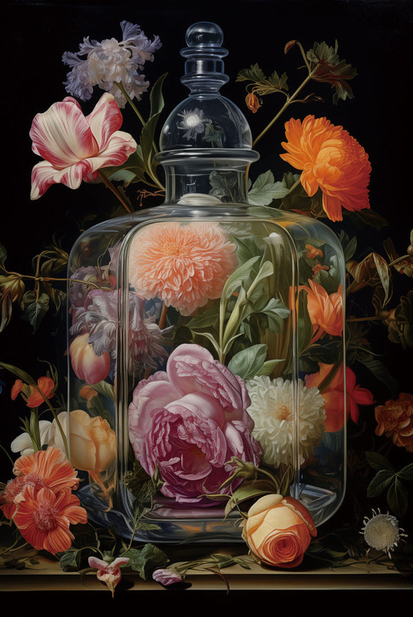Glasschilderij  Bloemenboeket in fles 80x120 cm