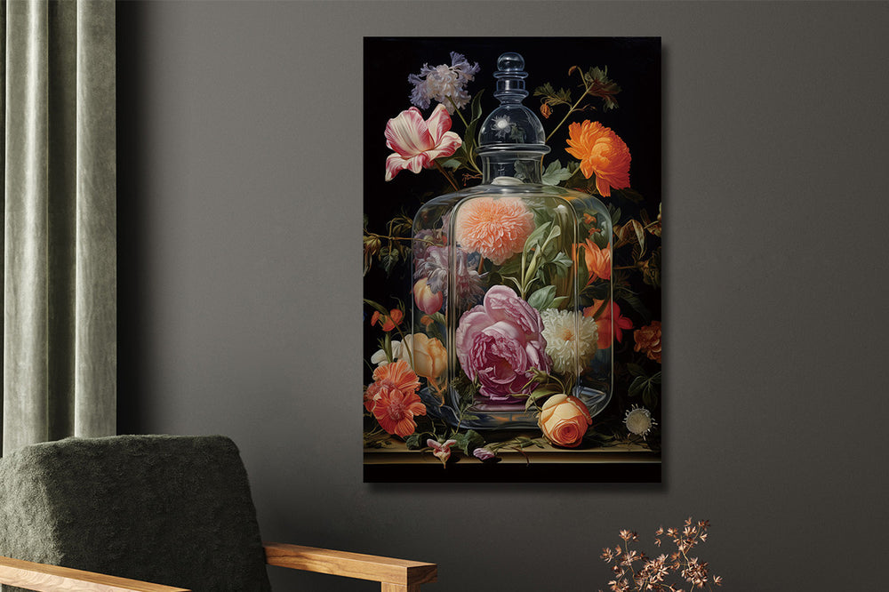 Glasschilderij  Bloemenboeket in fles 80x120 cm