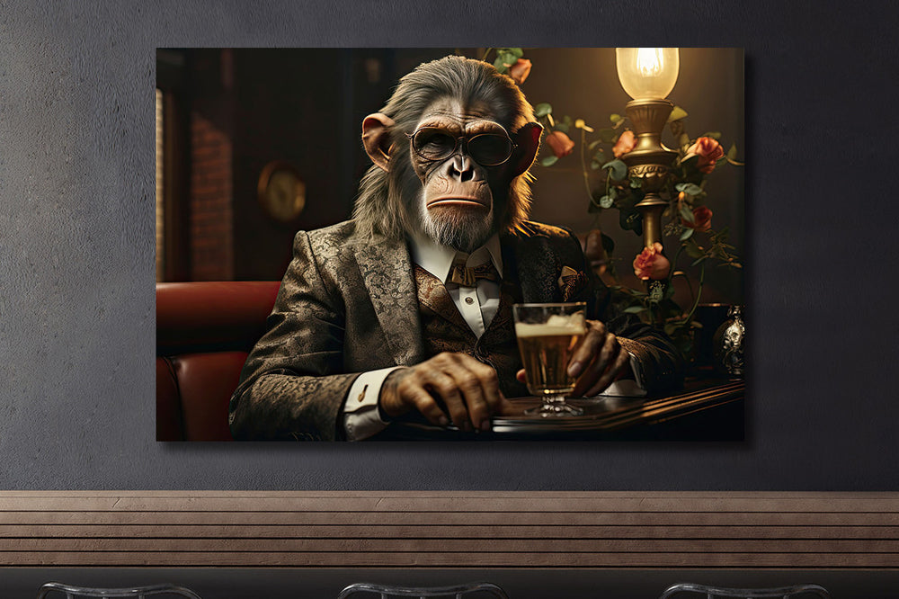 Glasschilderij aap in pak aan de bar 120x80 cm