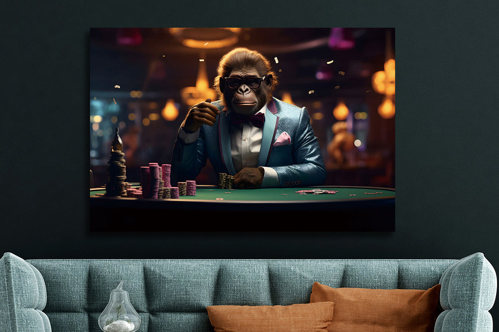 Glasschilderij poker aap in pak 120x80 cm