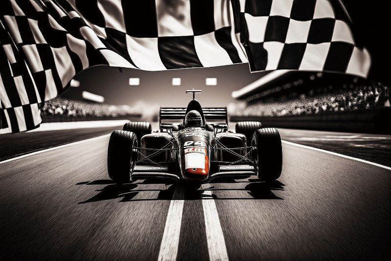 Glasschilderij Formule 1 auto en racevlag 120x80 cm