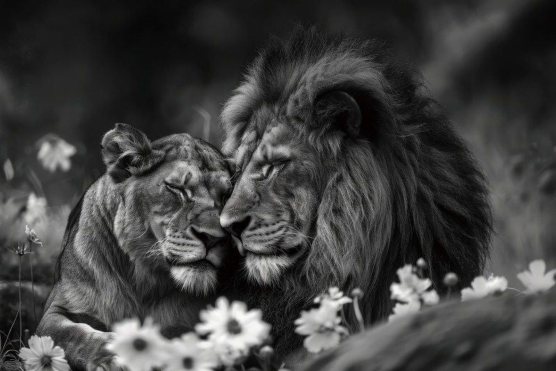 Glasschilderij Leeuwenpaar zwart/wit 120x80 cm