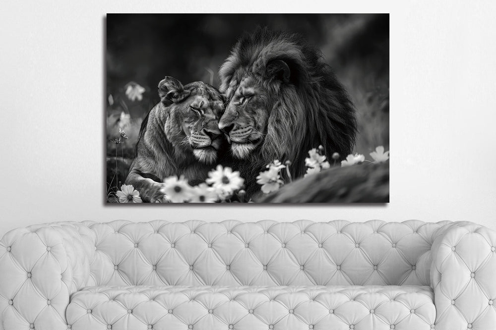 Glasschilderij Leeuwenpaar zwart/wit 120x80 cm