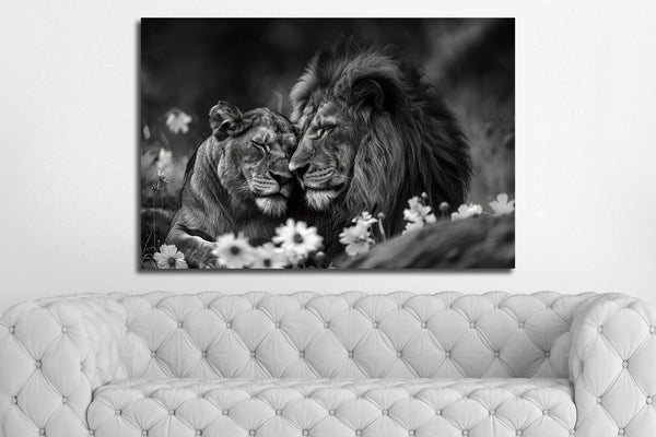 Glasschilderij Leeuwenpaar zwart/wit 120x80 cm