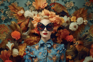 Glasschilderij Vrouw met gekleurde bloemen en vogels  120x80 cm