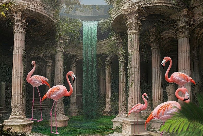 Glasschilderij roze Flamingo`s in tempel 120x80 cm