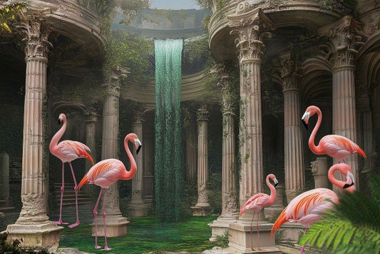 Glasschilderij roze Flamingo`s in tempel 120x80 cm