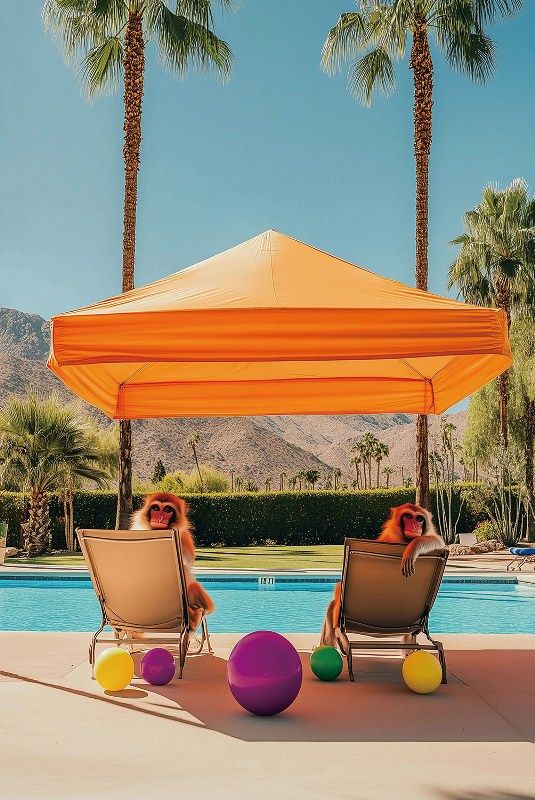 Glasschilderij twee apen bij zwembad 80x120 cm