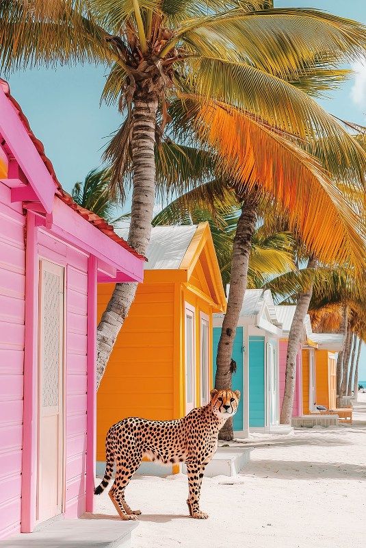 Glasschilderij luipaard op strand met gekleurde strandhuisjes 80x120 cm