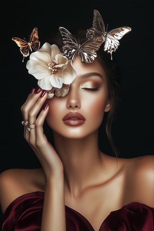 Glasschilderij Vrouw  gesloten ogen / vlinders 80x120 cm