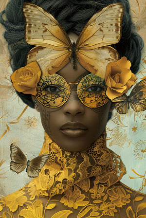 Glasschilderij gele Dame met vlinder 80x120 cm