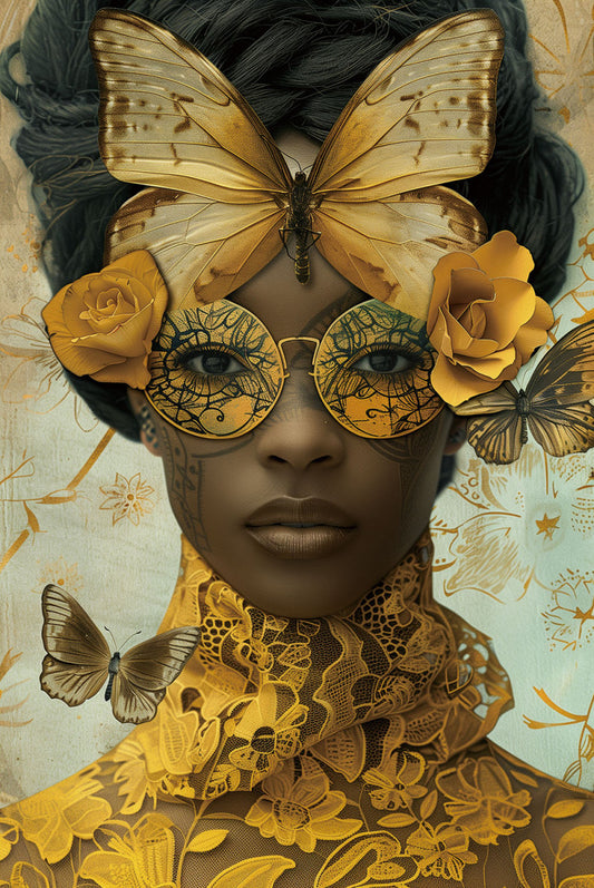 Glasschilderij gele Dame met vlinder 80x120 cm