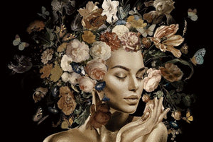 Glasschilderij vrouw omringd door bloemen en vlinders 120x80 cm V2