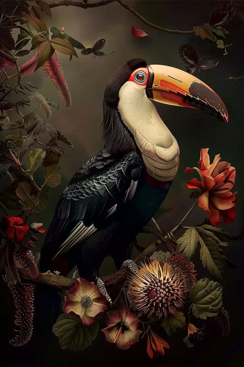 Glasschilderij Toekan rechts & bloemen  80x120 cm