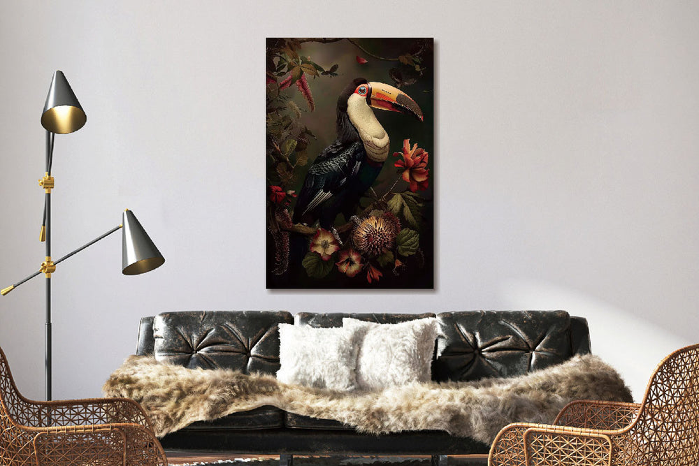 Glasschilderij Toekan rechts & bloemen  80x120 cm