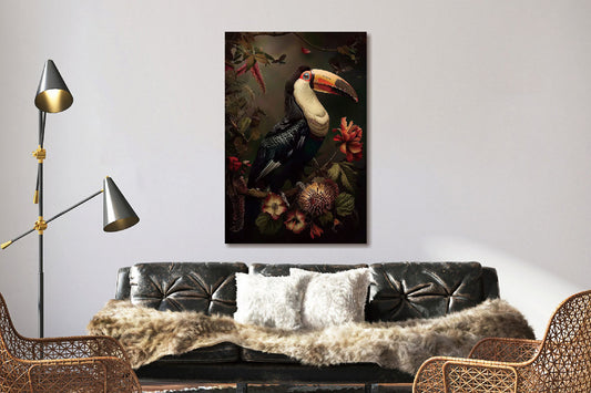 Glasschilderij Toekan rechts & bloemen  80x120 cm (Magazijn sale)