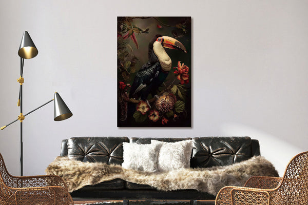 Glasschilderij Toekan rechts & bloemen  80x120 cm