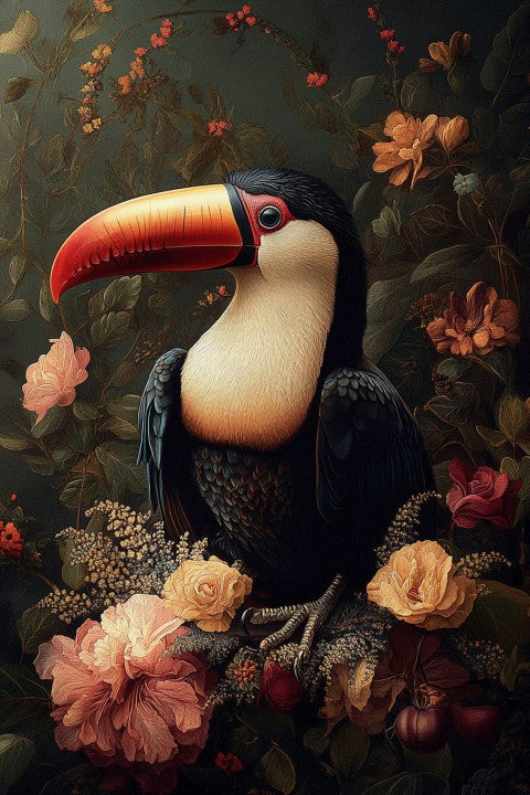 Glasschilderij Toekan links & bloemen  80x120 cm