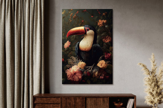 Glasschilderij Toekan links & bloemen  80x120 cm (Magazijn sale)