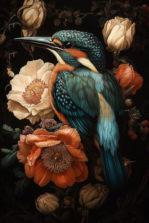 Glasschilderij IJsvogel & bloemen  80x120 cm