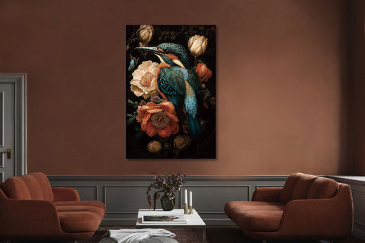Glasschilderij IJsvogel & bloemen  80x120 cm (Magazijn sale)
