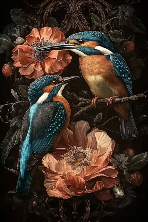 Glasschilderij twee IJsvogels & bloemen  80x120 cm